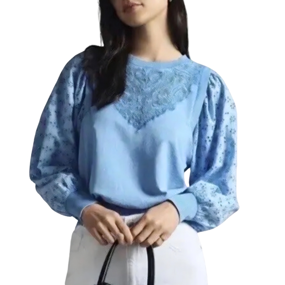 Pilcro Washed Eyelet Sweatshirt Blue‎ XS Lace Puff Sleeve Boho Anthropologie Top